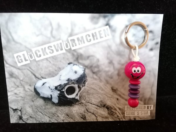 dunkelpink/lila Glückswürmchen mit Grußkarte / Schlüsselanhänger